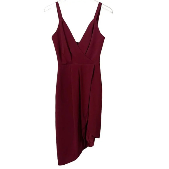 DRESS THE POPULATION Owen Asymmetrical Tulip-Hem‎ Dress Burgundy size Small - Picture 1 of 5